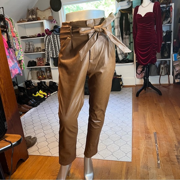 Lucy Paris Womens Faux Leather Paperbag-Waist Pants, Cognac, S - Picture 2 of 11